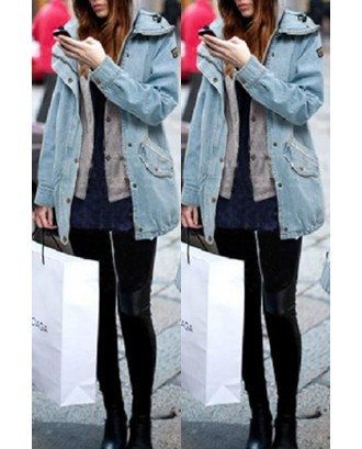 Lovely Casual Hooded Collar Patchwork Baby Blue Coat