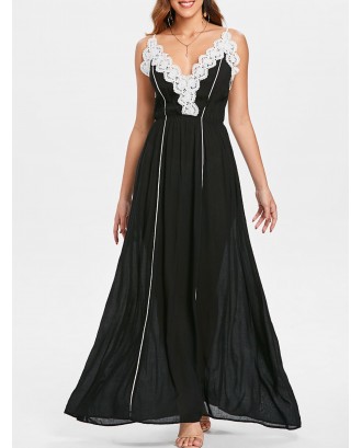 Lace Applique Contrasting Maxi Dress - Black M