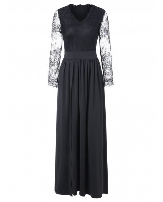 Lace Insert Full Sleeve Floor Length Dress - Black L