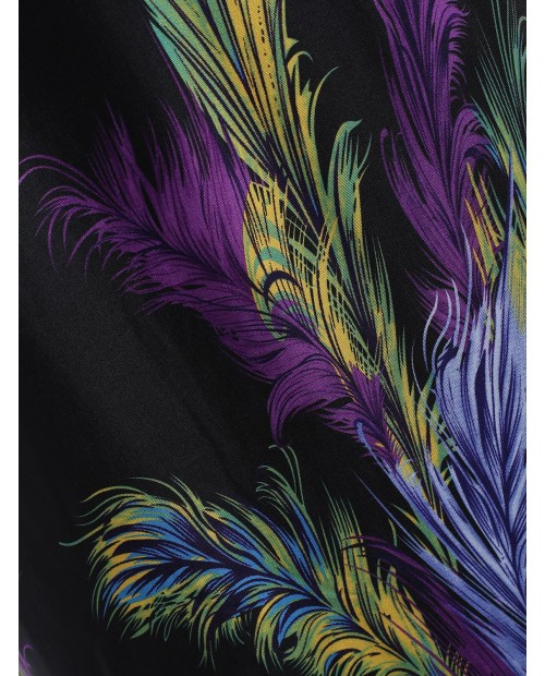 Feather Print Plunge Neck Dress - Black S