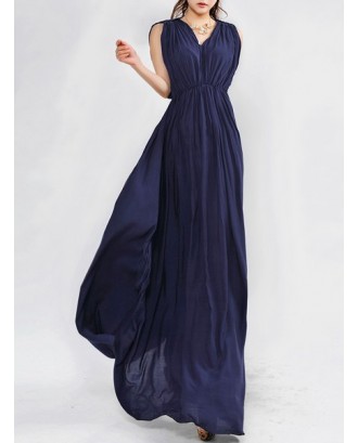 Sleeveless Pleated Long Formal Prom Dress - Navy Blue M