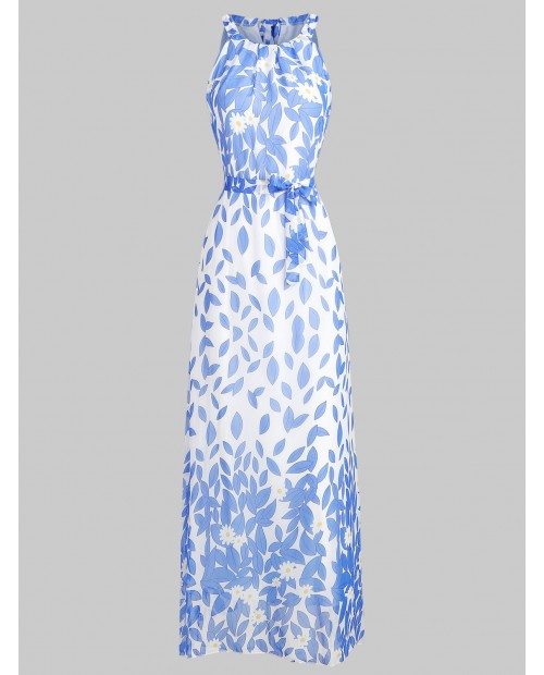 Floral Print Belted Sleeveless Maxi Dress - Day Sky Blue L