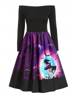 Dinosaur Bat Print Off Shoulder Halloween Dress - Dark Orchid S