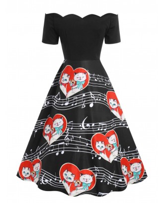 Valentines Day Cats Couple Print Off The Shoulder Dress - Black S