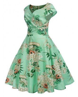 Floral Print Surplice A Line Dress - Algae Green M