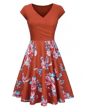 V Neck Floral Print Vintage Surplice Dress - Pumpkin Orange L