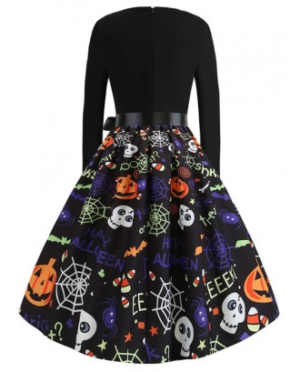 Pumpkin Skull Spiders Belted Long Sleeves Halloween Dress - Black S