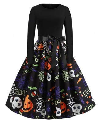 Pumpkin Skull Spiders Belted Long Sleeves Halloween Dress - Black S