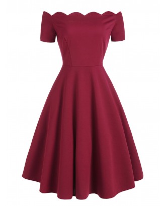 Scalloped Off The Shoulder Flare Dress - Red Wine Xl