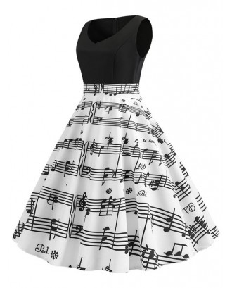 V Neck Musical Note Print Dress - Black L