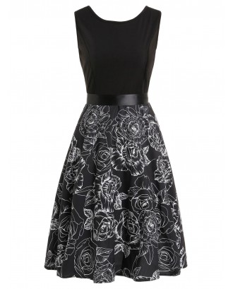 Printed Sleeveless Fit And Flare Vintage Dress - Black M