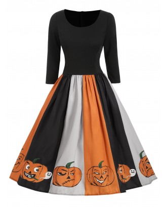 Halloween Pumpkin Ghost Print Midi Dress -  M