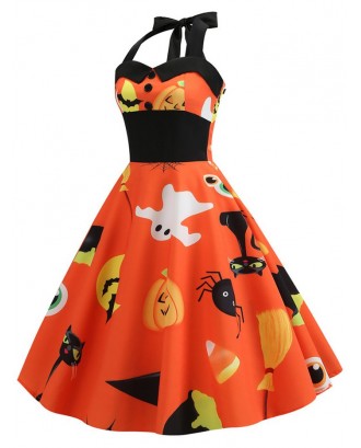 Pumpkin Ghost Buttons Halloween Halter Dress - Halloween Orange M
