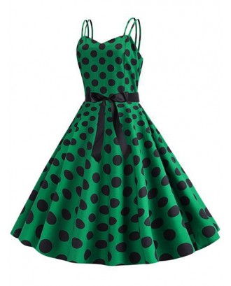 Polka Dot Belted Vintage Strappy Dress - Deep Green M