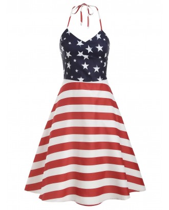 High Waist American Flag Print Halter Dress -  S