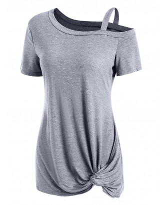 Knotted Skew Neck Short Sleeve Tee - Gray Xl