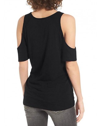 Cold Shoulder Twisted Plain T-shirt - Black S