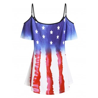 American Flag Lace Panel Open Shoulder Tee - Blue M
