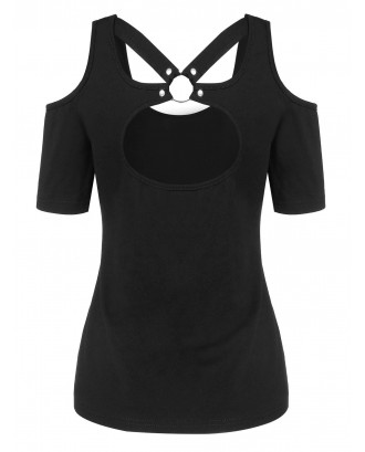 O-ring Cut Out Open Shoulder Tee - Black 2xl
