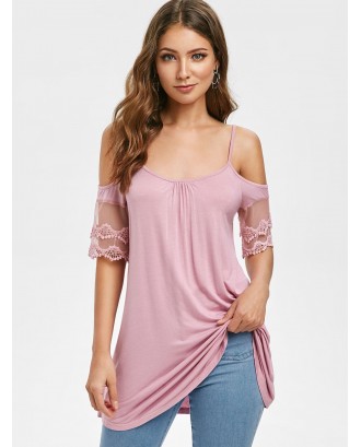 Open Shoulder Lace Panel Cami T-shirt - Lipstick Pink S