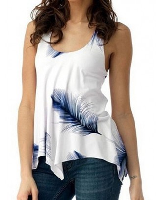 U Neck Feather Print Lace Up Tank Top - Blueberry Blue M