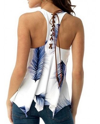 U Neck Feather Print Lace Up Tank Top - Blueberry Blue M