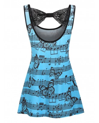 Musical Note Butterfly Print Lace Tank Top - Turquoise S