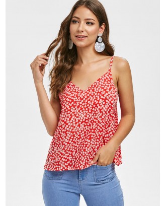 Floral Print Casual Tie Straps Top - Red M