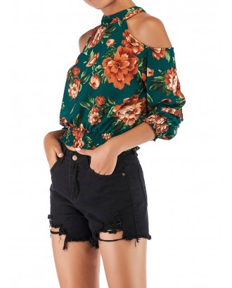 Womens Floral Print Cut Out Shoulder 3/4 Sleeve Chiffon T Shirt Tops Blouse - Green M