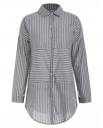 Button Up Striped Print Shirt - Gray S
