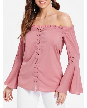 Flare Sleeve Bare Shoulder Blouse - Pink L
