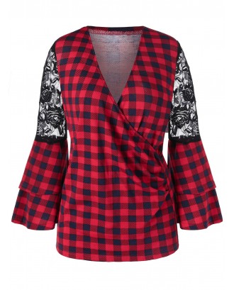 Bell Sleeve Lace Panel Plaid Blouse -  M