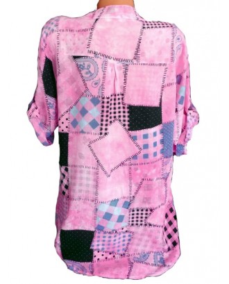 Half Button Checked Print Blouse - Pink S