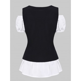 A Line Blouse and Lace-up Waistcoat Set - White M